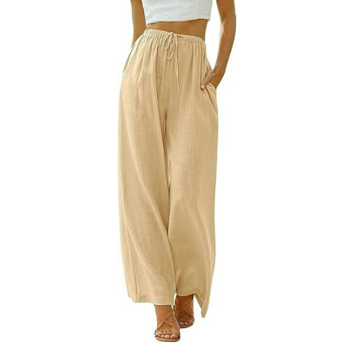 Damen nan weite Leinenhose mit elastischem Bund Kordel und Seitentaschen Drune