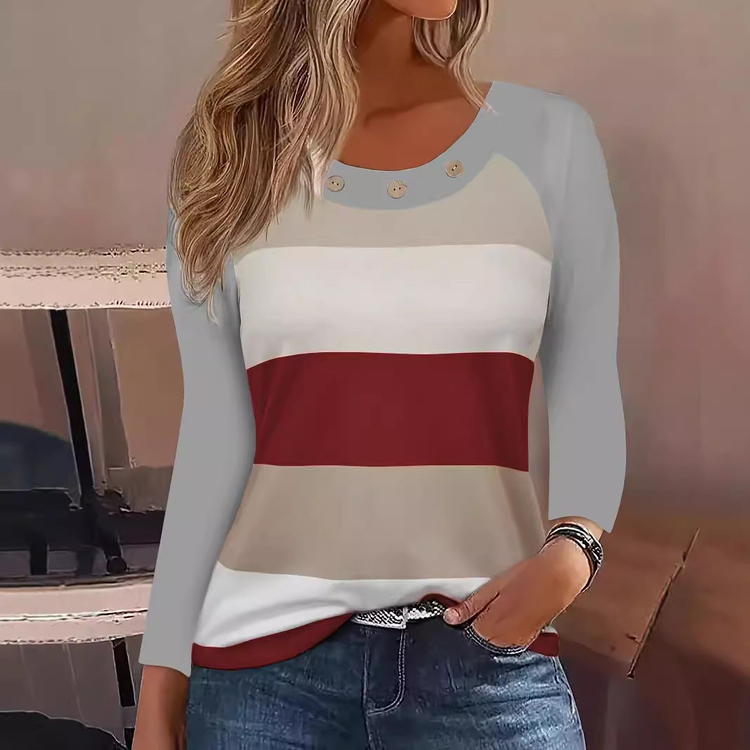 Damen Lässiges Baumwollshirt mit modischen Streifen und dekorativen Knöpfen Drune