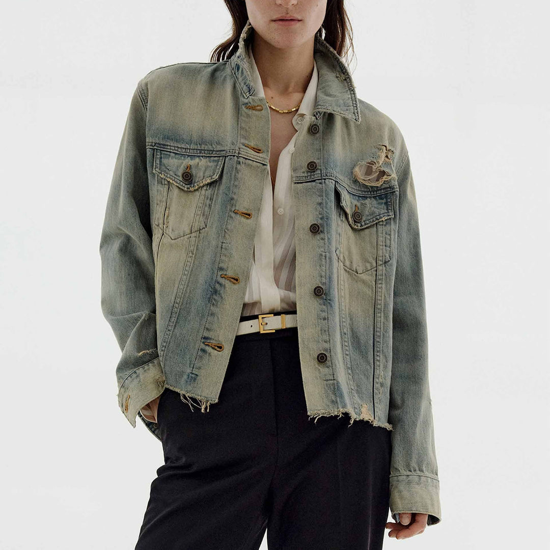 Damen nan oversized Destroyed-Denimjacke mit rohem Saum, aufgesetzten Brusttaschen und vintage Waschung Drune