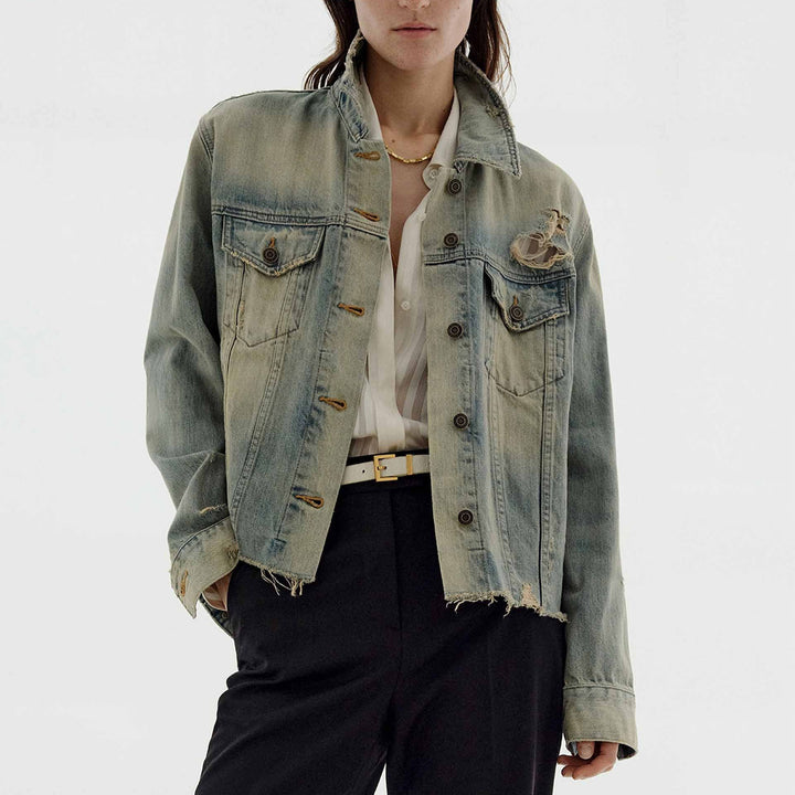Damen modische Denimjacke im Vintage-Stil mit lässigem Schnitt und fransigen Details Drune