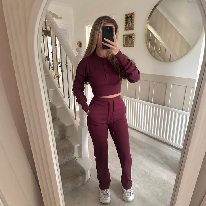 Damen lässiges Freizeit-Set mit cropped Sweatshirt und bequemen Jogginghose Drune