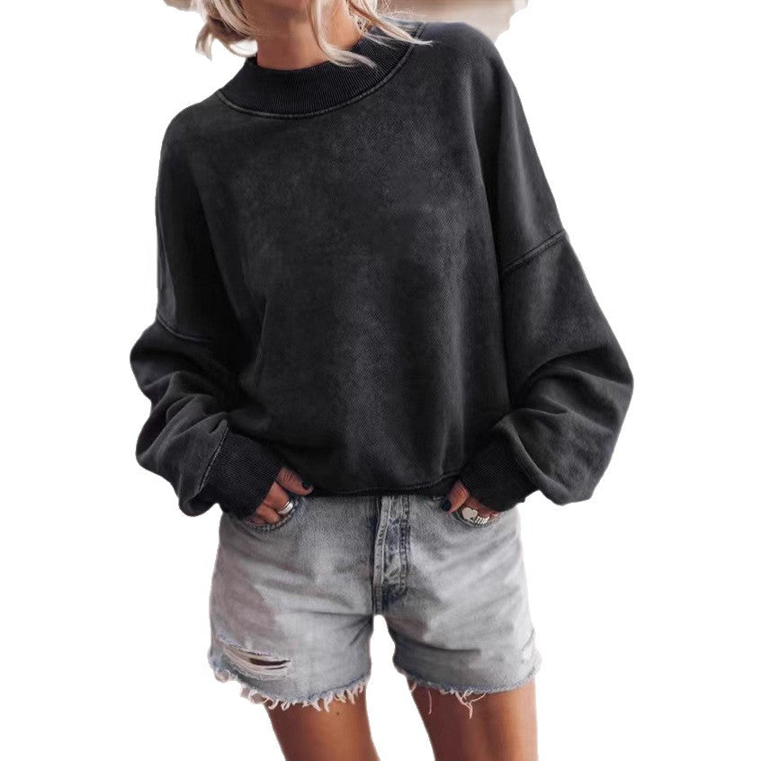 Damen lässiger Sweatshirt mit hohem Kragen und überschnittenen Schultern Drune