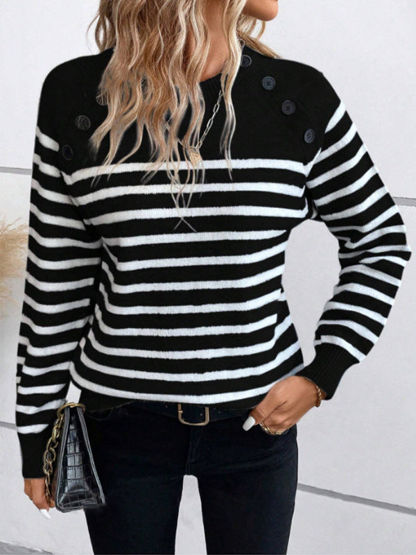 Damen gestreifter Pullover mit Knopfdetails und Rundhalsausschnitt Drune