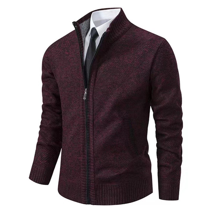 Herren nan melierte Strickzipjacke mit hohem Stehkragen, feiner Struktur und verdeckten Eingrifftaschen Drune