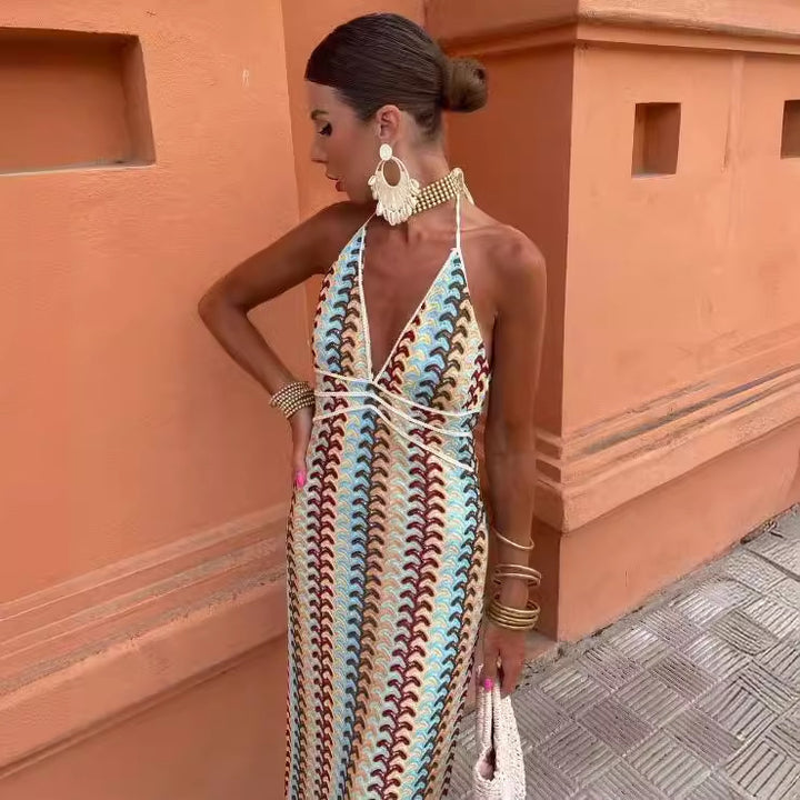 Damen Maxikleid mit tiefem V-Ausschnitt und raffinierten Häkel-Details Drune