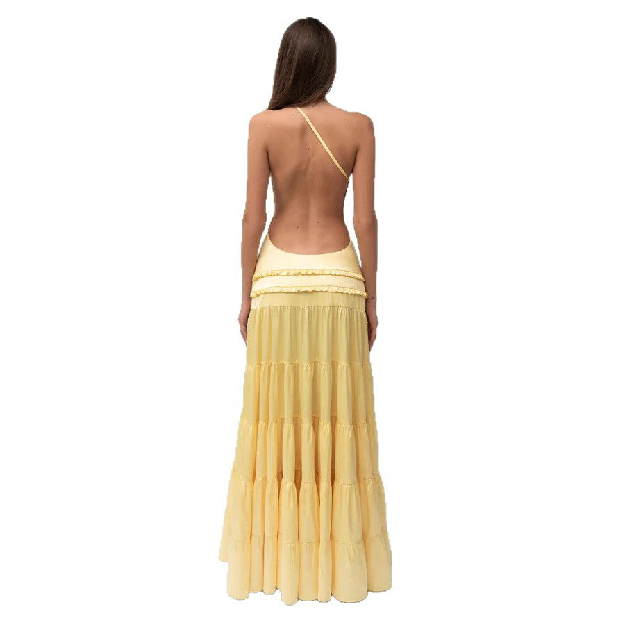 Damen elegantes asymmetrisches Maxikleid mit Rüschendetails Drune