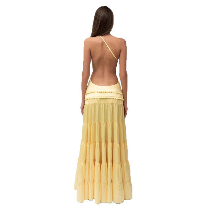 Damen elegantes asymmetrisches Maxikleid mit Rüschendetails Drune