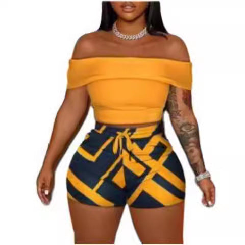 Damen Off-Shoulder Top und Hohe Taille Shorts Set Drune