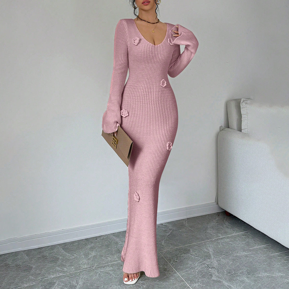 Damen Maxikleid mit elegantem Rippenstrick und modischen Blumenapplikationen Drune