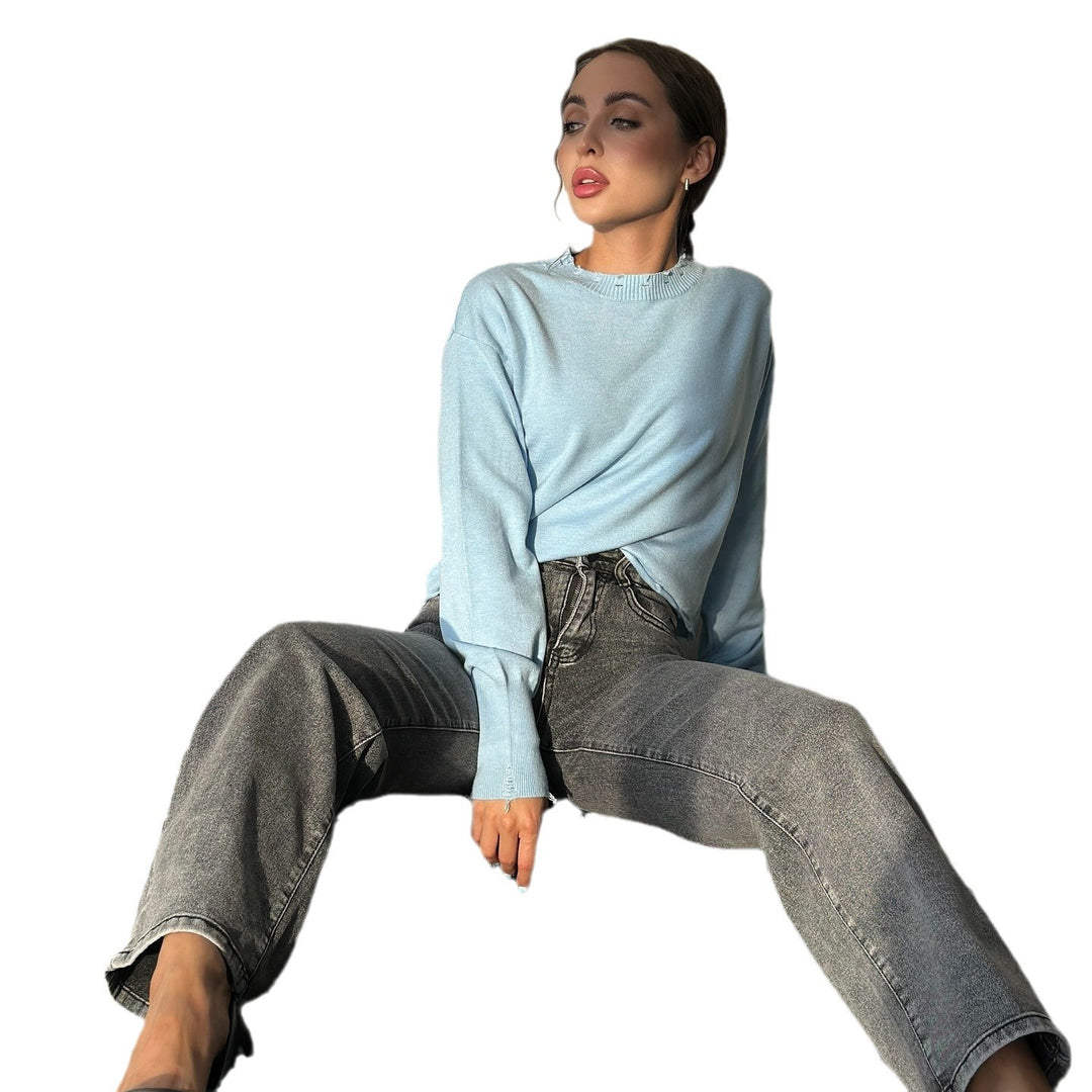 Damen lässiger Pullover mit modernem Rippkragen und trendy Rissdetails Drune