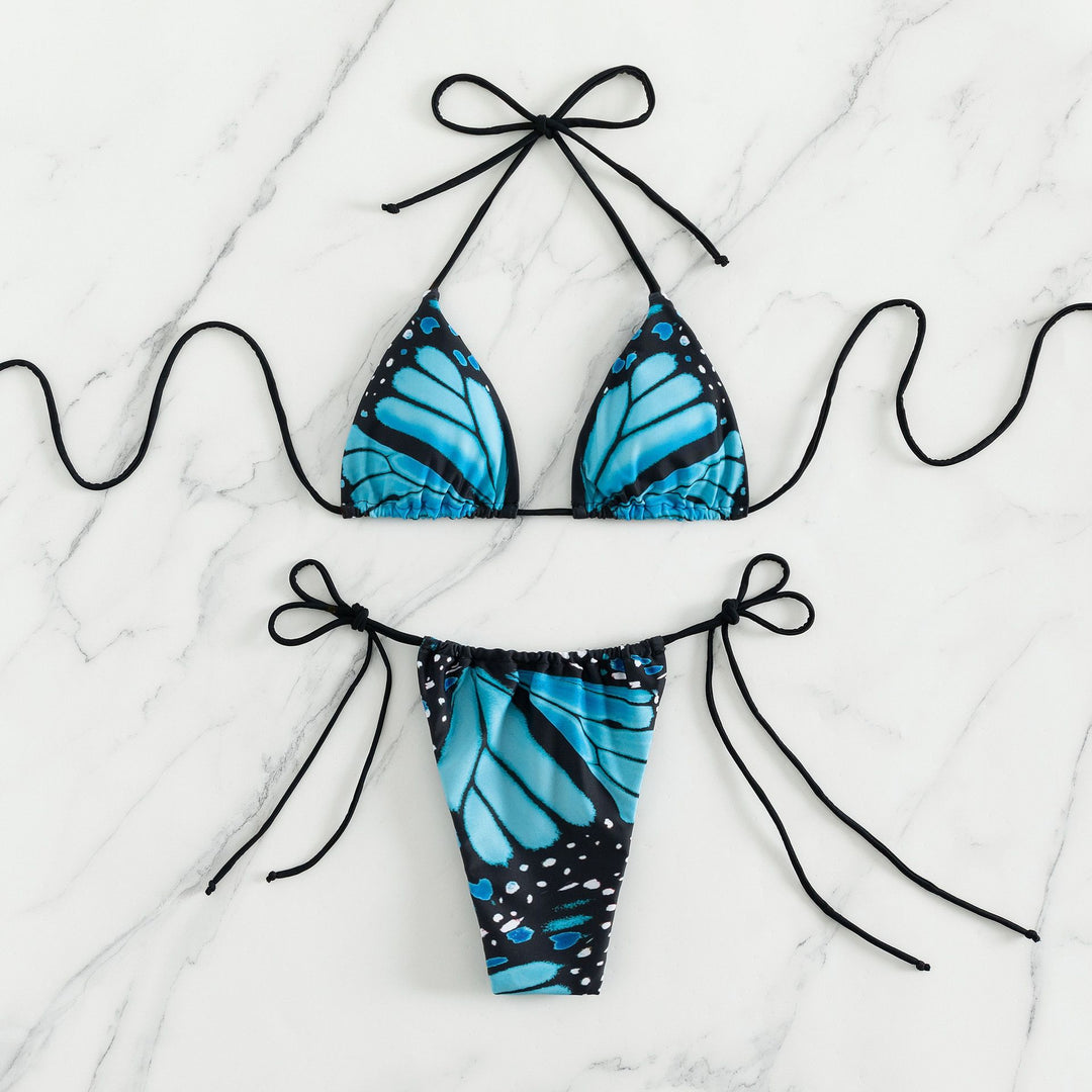 Damen Schmetterlingsdruck Dreieck Bikini Set Drune