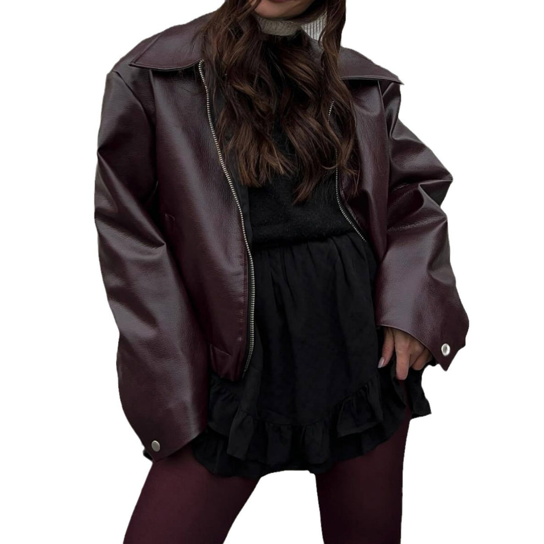 Damen Lässige Lederjacke im sportlichen Stil mit elastischem Bund Drune