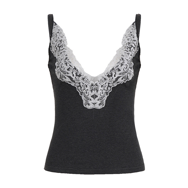 Damen Elegantes Top mit Spitzenverzierung und tiefem V-Ausschnitt Drune