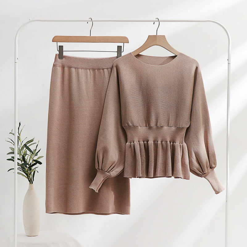 Damen elegantes Strickensemble mit Raffung und Ballonärmeln Drune
