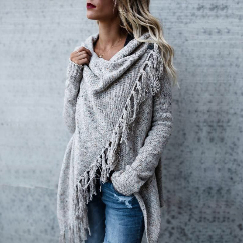 Damen gemütlicher Poncho mit Fransen Drune