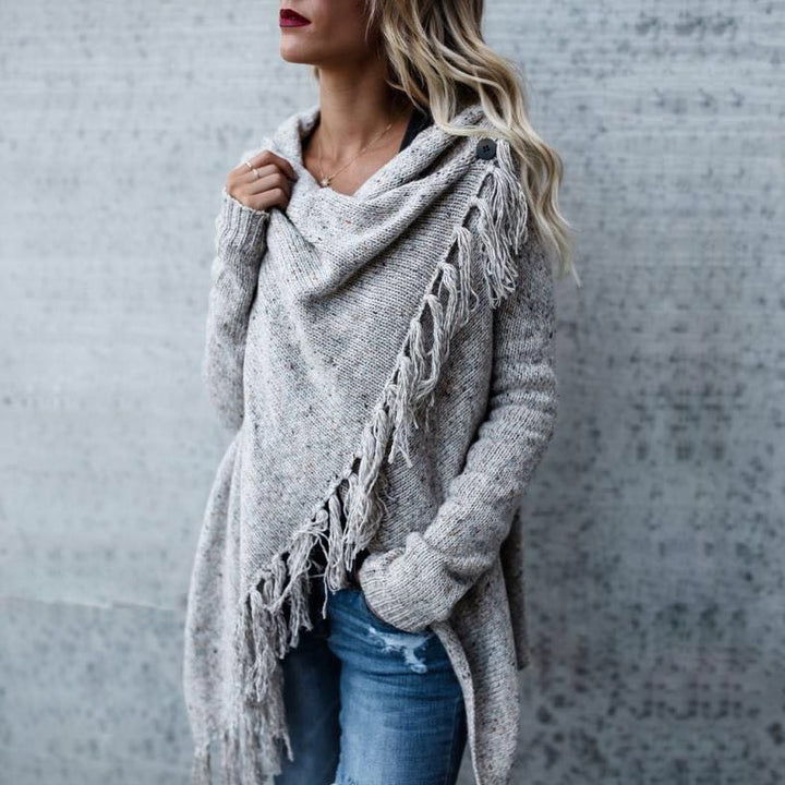 Damen gemütlicher Poncho mit Fransen Drune