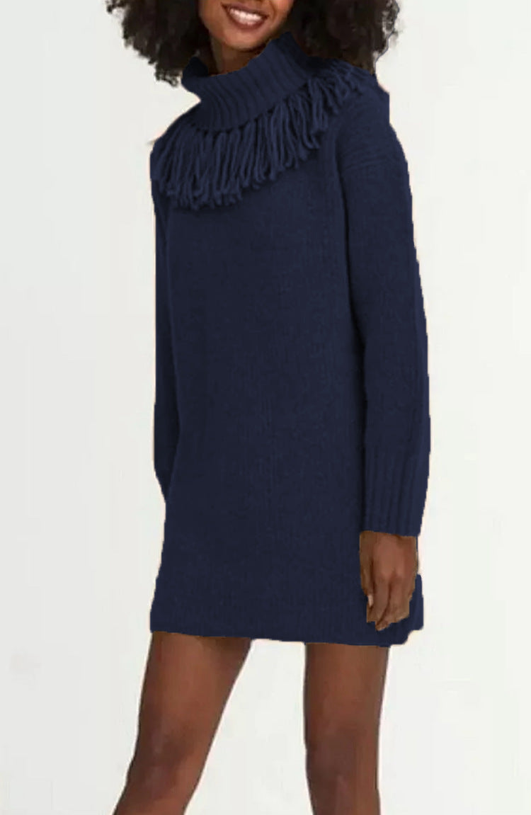 Damen Strickkleid mit dekorativer Fransenkante und hohem Rollkragen Drune