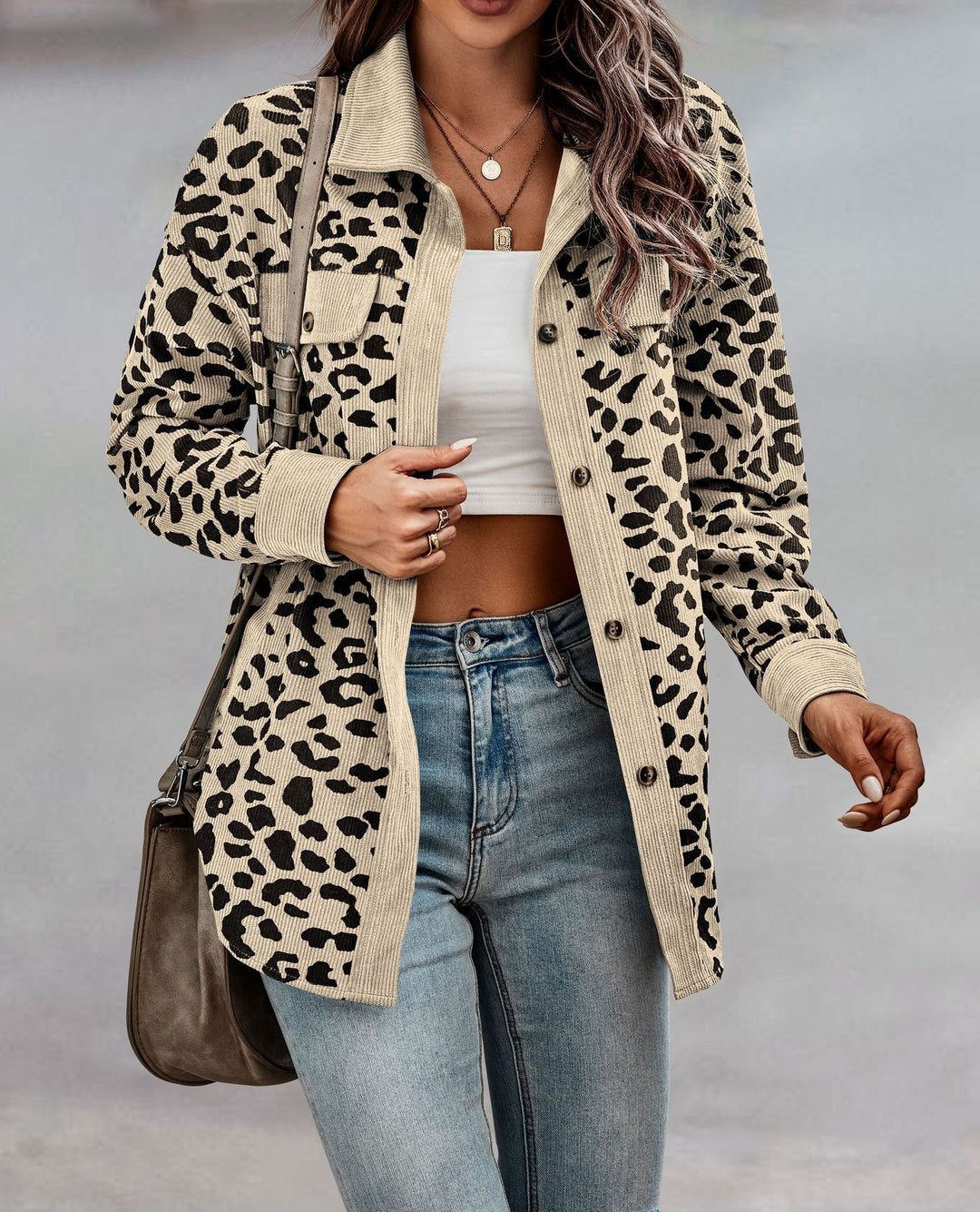 Damen Cordjacke im modernen Leo-Druck mit Taschen und Knopfdetails Drune