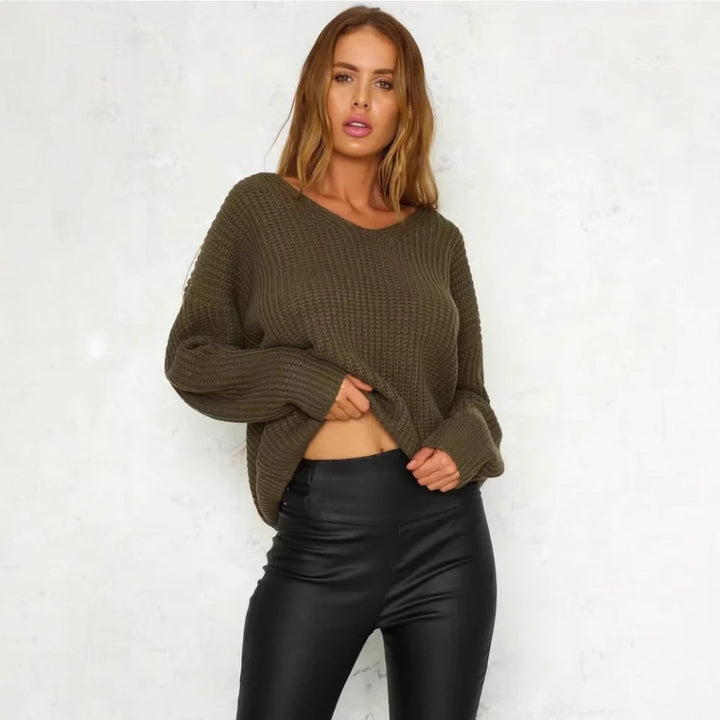 Damen Strickpullover mit tiefem V-Ausschnitt und dekorativem Rückendesign Drune
