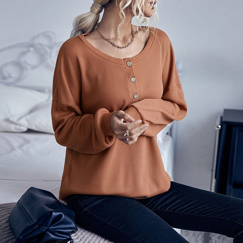 Damen lässiges Pullover mit Knopfleiste und Struktur Drune
