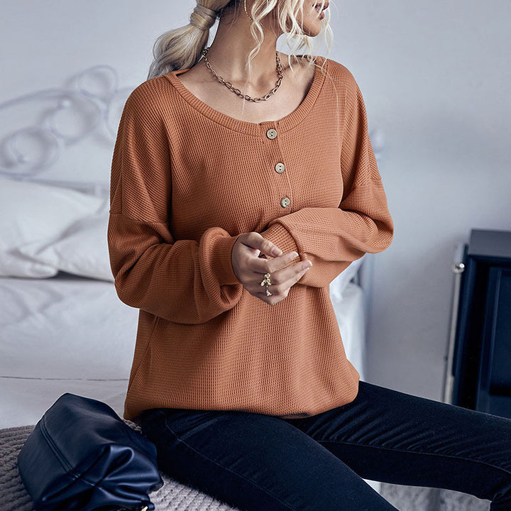 Damen lässiges Pullover mit Knopfleiste und Struktur Drune