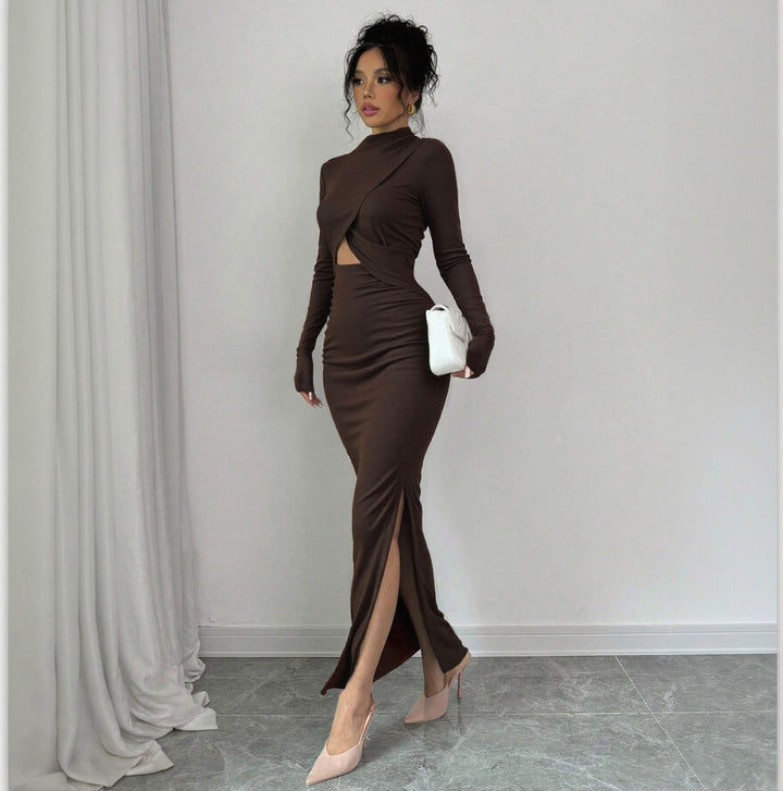 Damen Wickelkleid mit raffiniertem Schlitz und eleganten langen Ärmeln Drune
