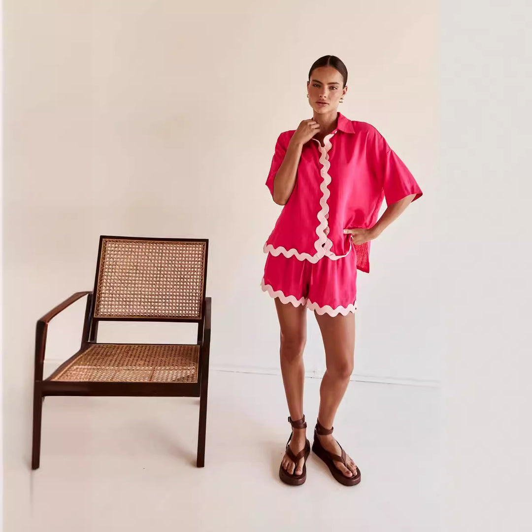 Damen Freizeit Set mit stylischem Kurzarm-Hemd und lässigen Shorts Drune