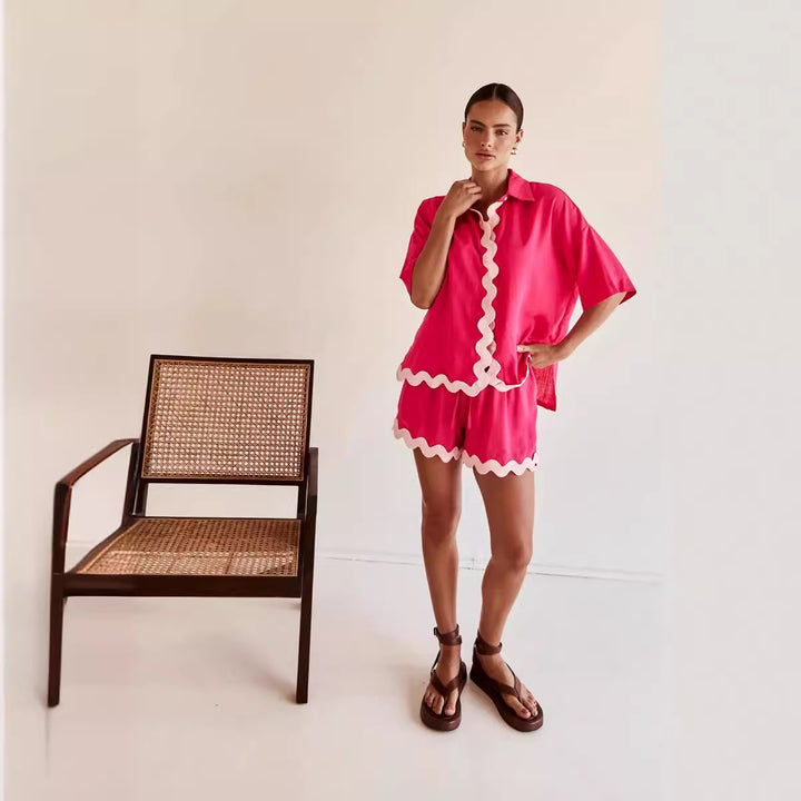 Damen Freizeit Set mit stylischem Kurzarm-Hemd und lässigen Shorts Drune