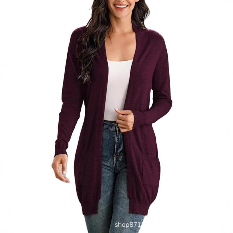 Damen Lange Strickjacke mit offenen Front und praktischen Taschen Drune