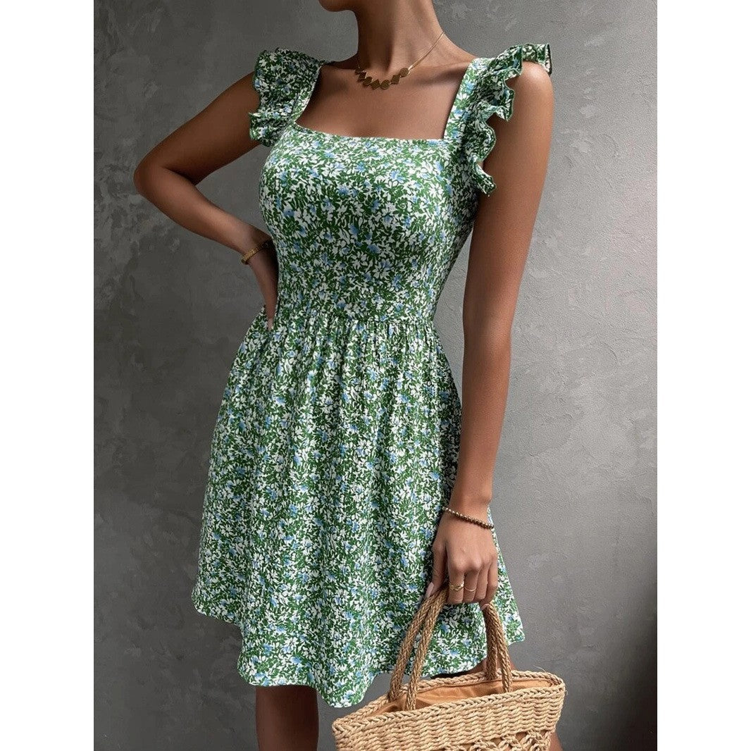 Damen Sommerliches Kleid mit Rüschendetails und Quadrat-Ausschnitt Drune