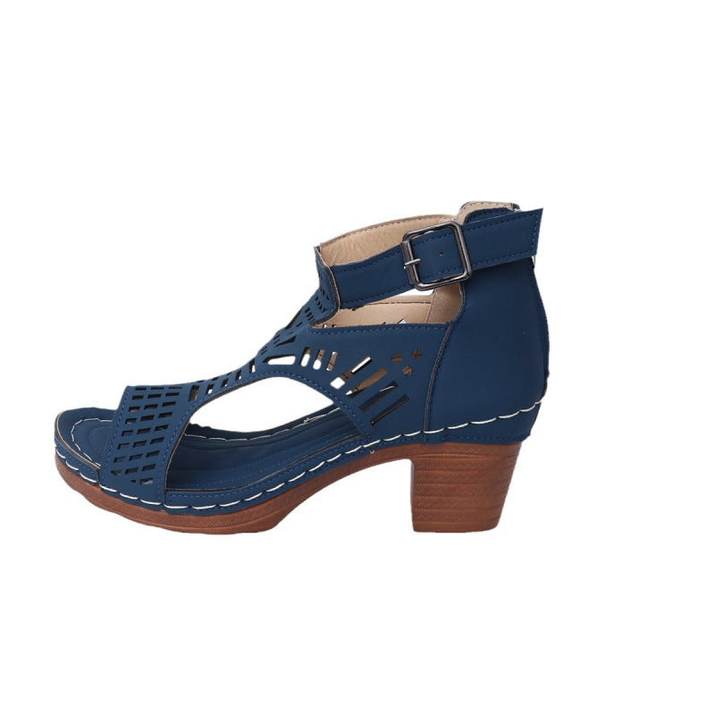 Damen trendige Sandalen mit durchbrochenem Design und Holz-Elementen Drune