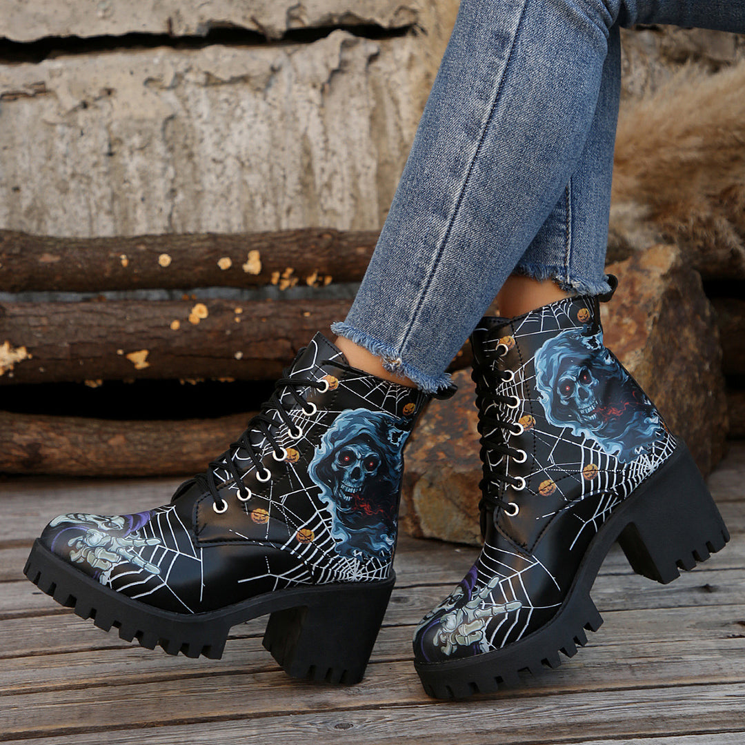 Damen Grafik Halloween Combat Boots mit Chunky Heel Drune