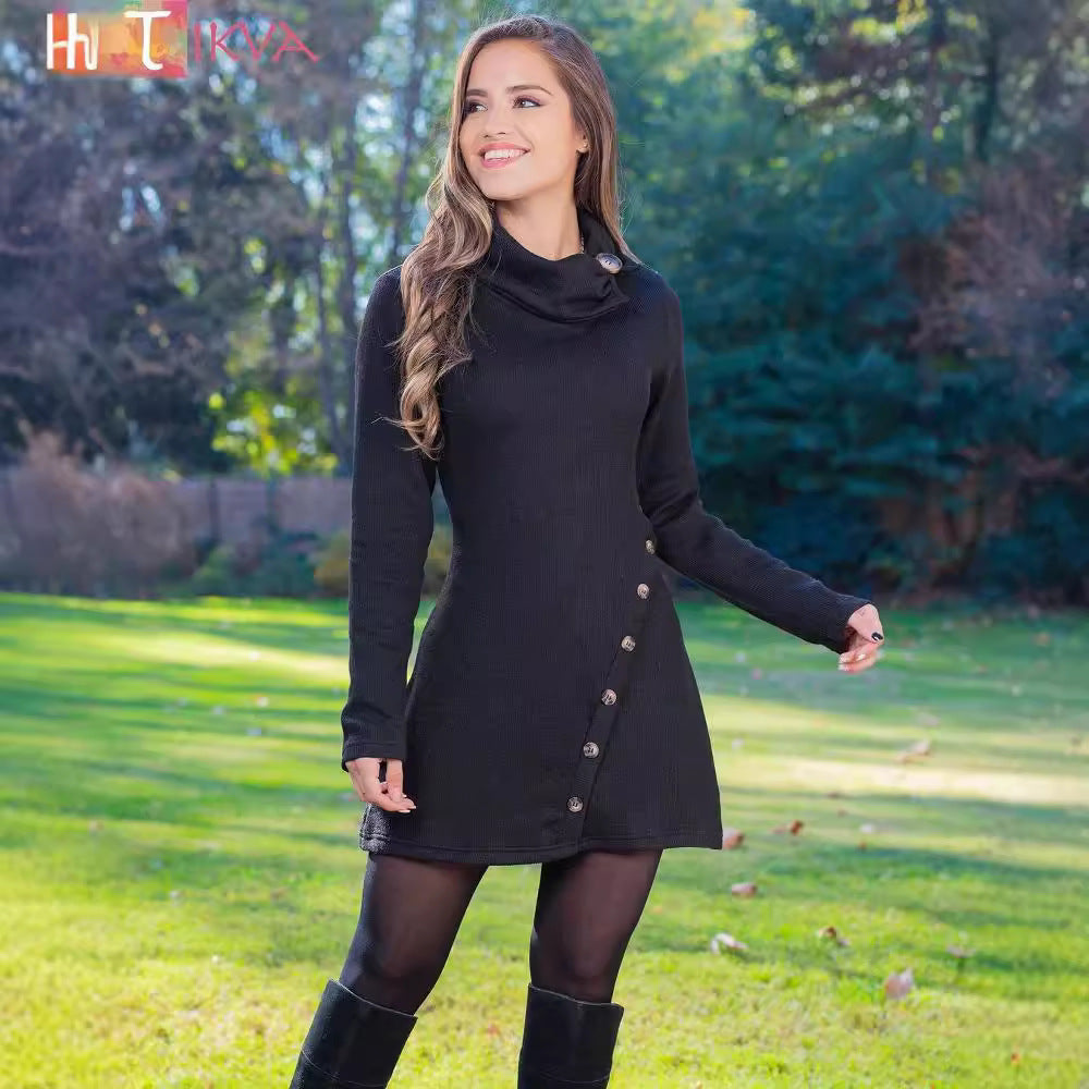 Damen nan figurbetontes A-Linien Strickkleid mit asymmetrischer Zierknopfleiste und hohem Kragen Drune