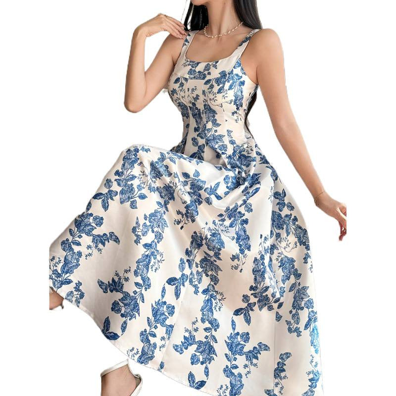 Damen Maxikleid mit romantischem floralem Druck und schmalen Spaghetti-Trägern Drune