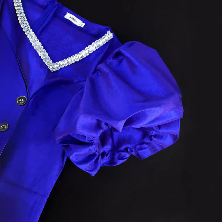Damen Glamouröses Abendkleid mit voluminösen Puffärmeln und Fransen Saum Drune