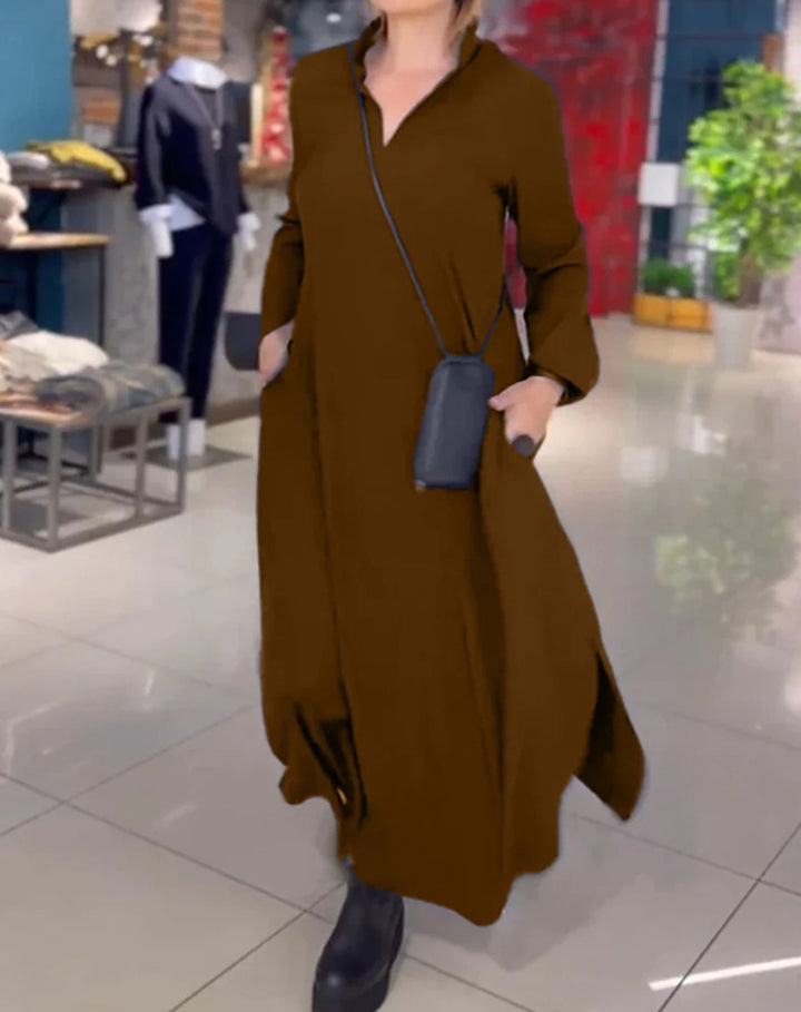 Damen Hemdblusenkleid mit Taschen und Stehkragen Drune