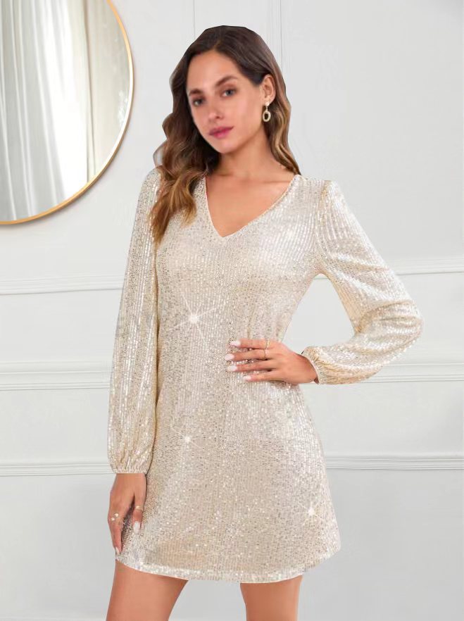 Damen Glitzerndes Minikleid mit V-Ausschnitt und langen Ärmeln Drune