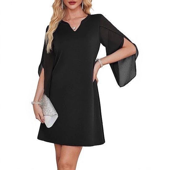 Damen V-Ausschnitt Kleid mit transparenten Ärmeln Drune