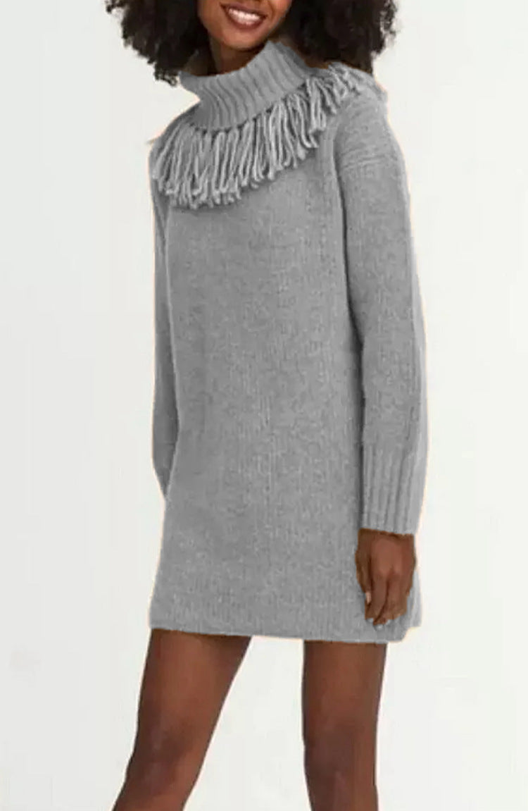 Damen Strickkleid mit dekorativer Fransenkante und hohem Rollkragen Drune