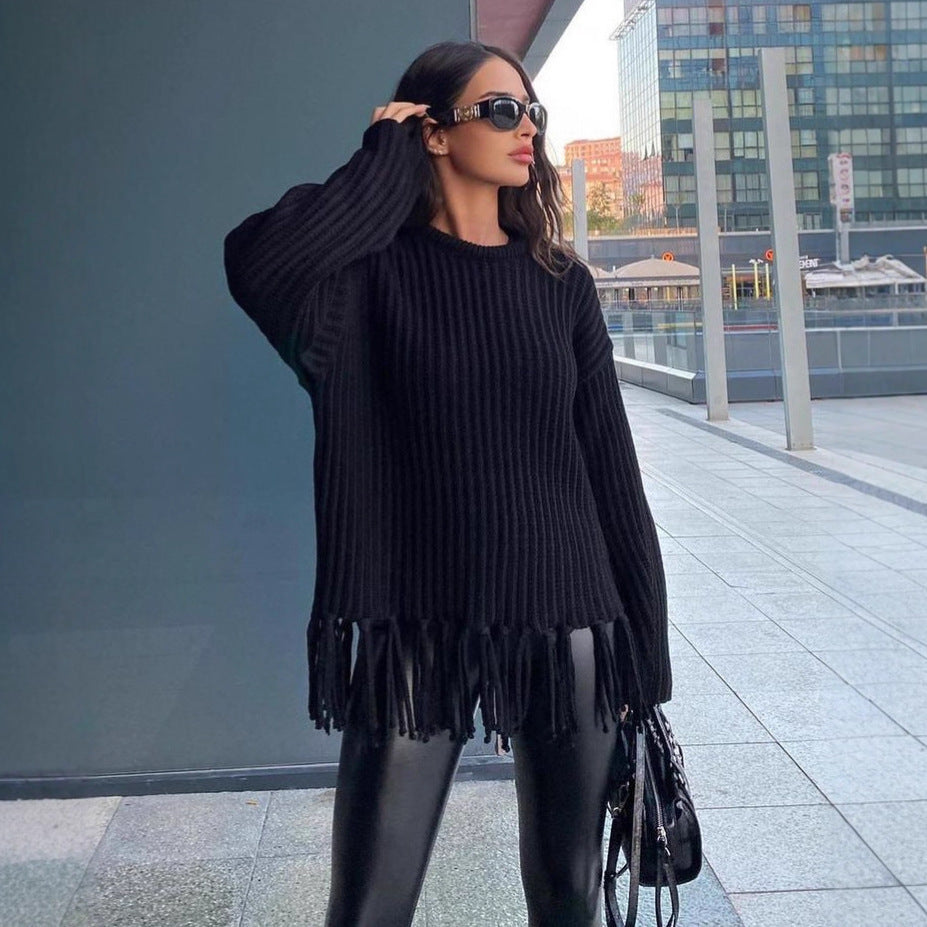 Damen Strickpulli mit Fransen Drune