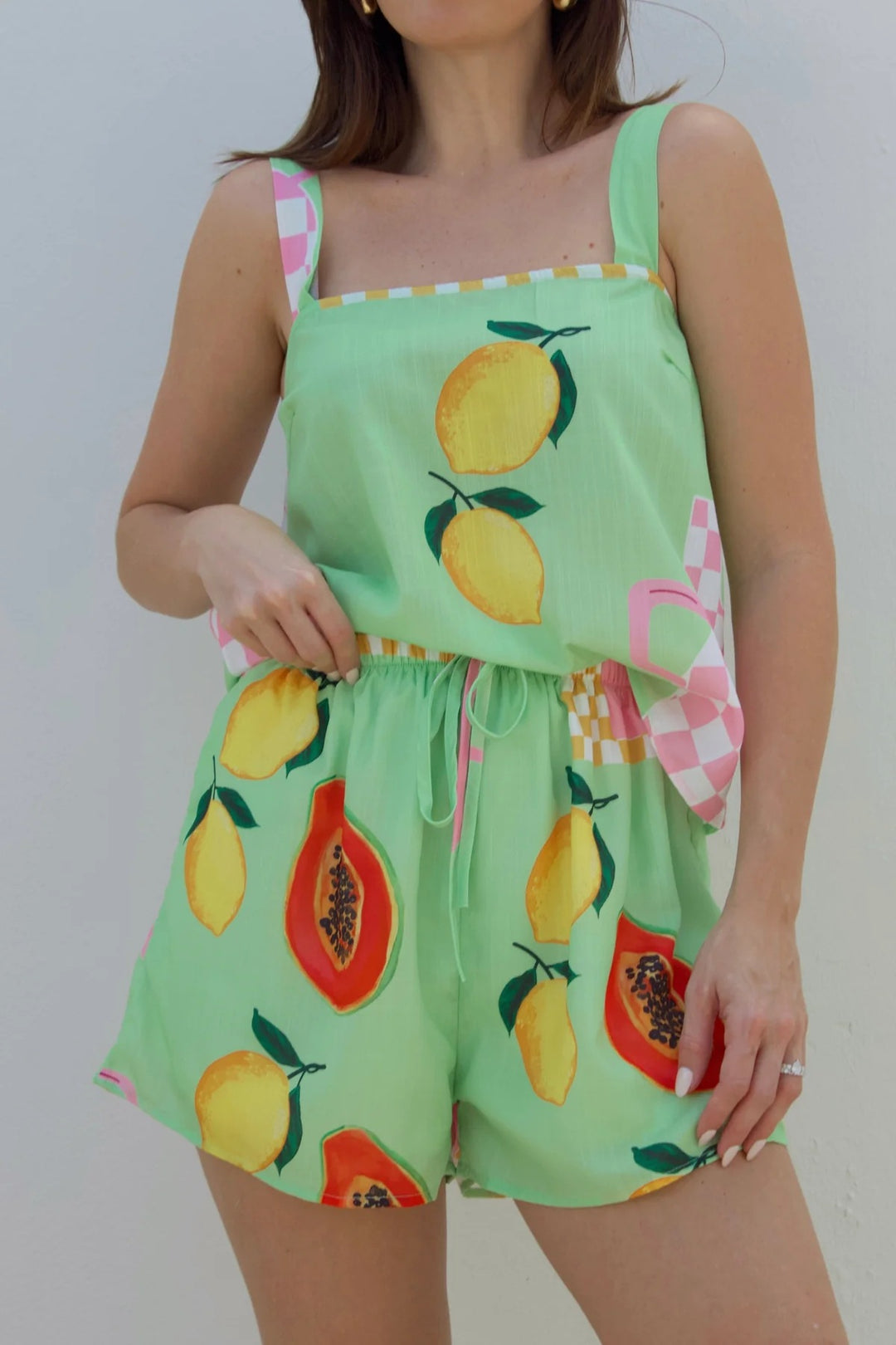 Damen Sommerlicher Zweiteiler mit fruchtigem Print und elastischem Bund Drune