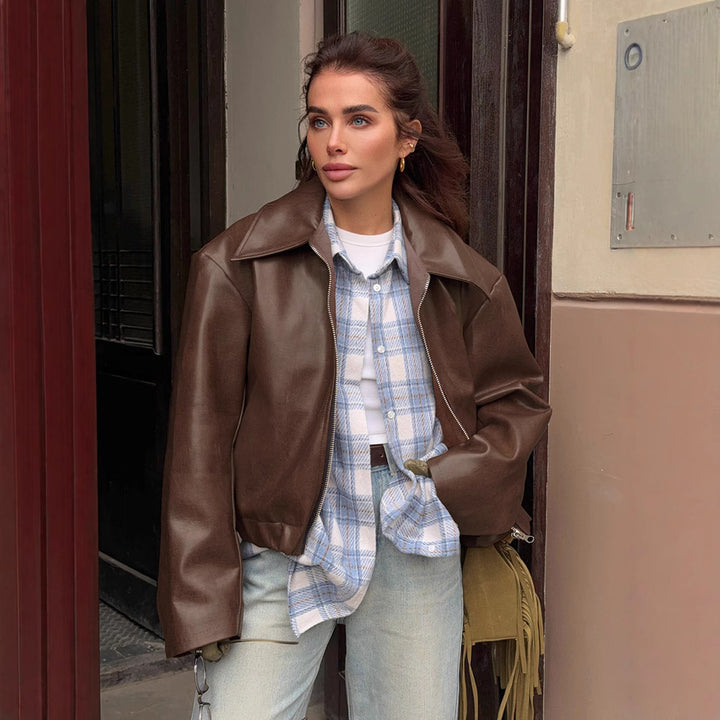 Damen Lederjacke mit weich gepolstertem Innenfutter und trendigem Cropped-Schnitt Drune