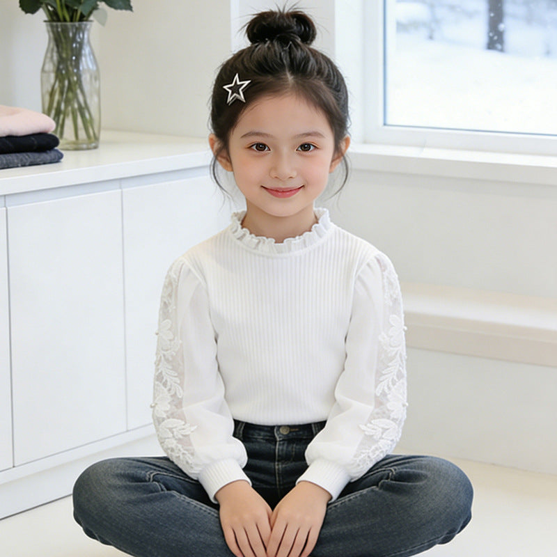 Mädchen elegante Bluse mit Rüschen und bestickten Ärmeln Drune