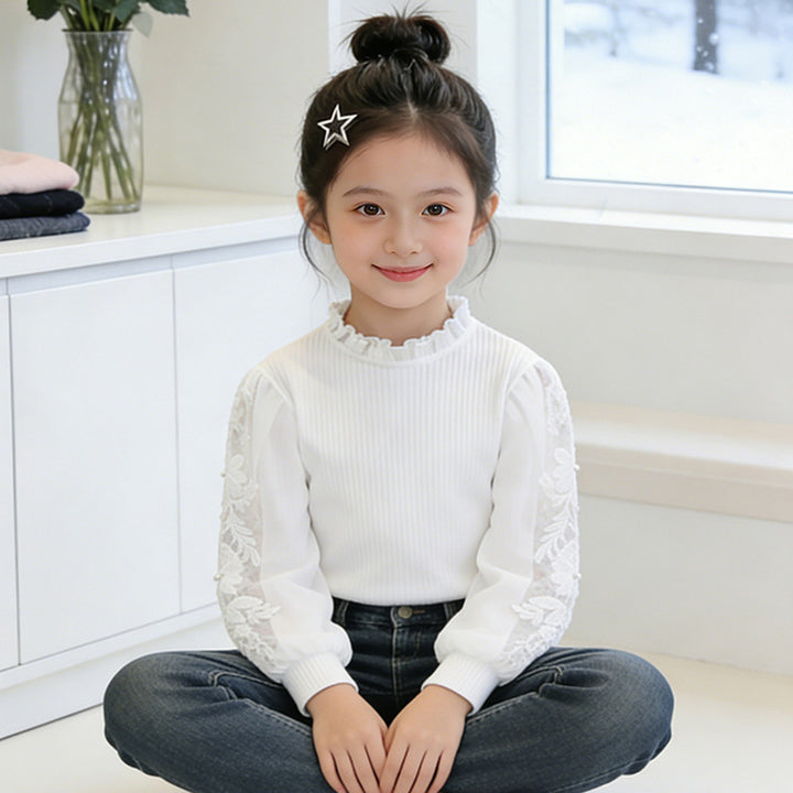 Mädchen elegante Bluse mit Rüschen und bestickten Ärmeln Drune