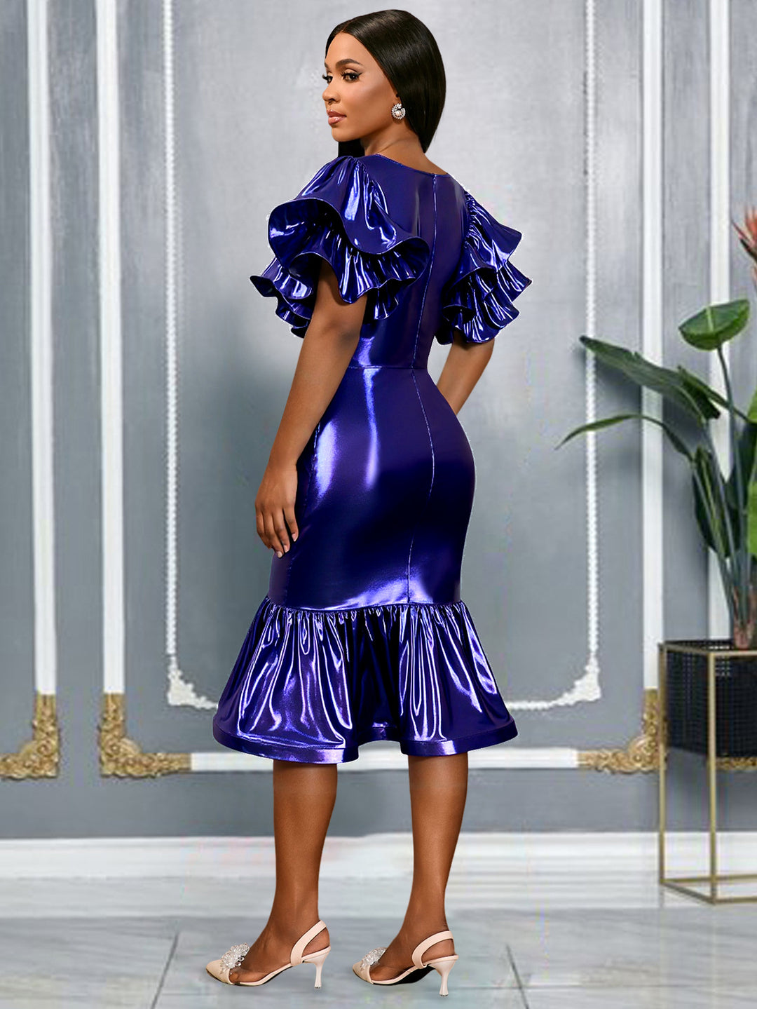 Damen Glamouröses Abendkleid mit voluminösen Rüschenschultern Drune