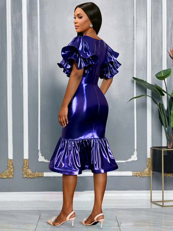 Damen Glamouröses Abendkleid mit voluminösen Rüschenschultern Drune