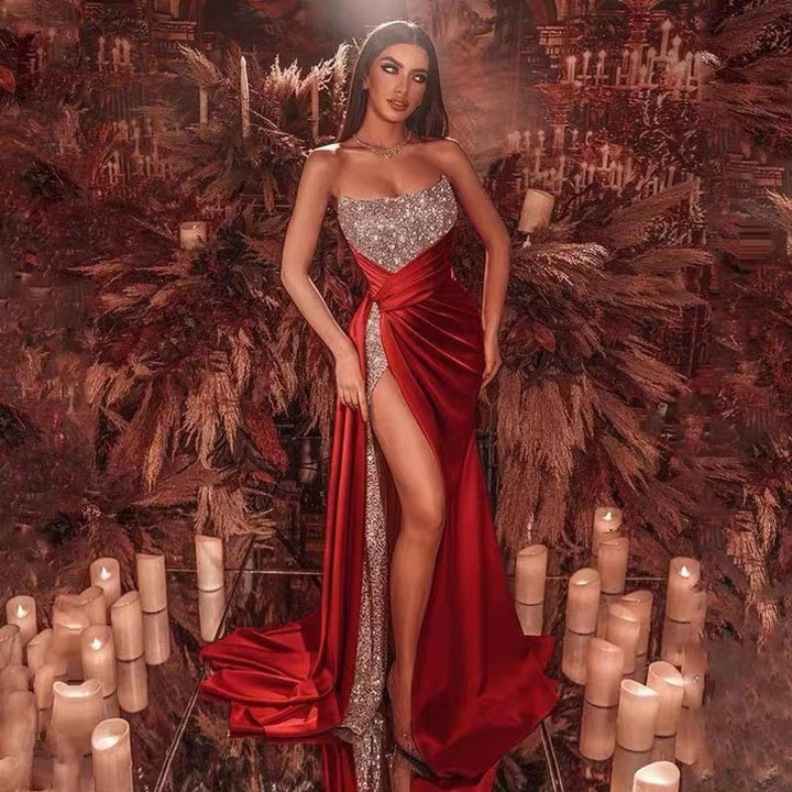 Damen Glamouröses Maxikleid mit funkelndem Oberteil und hohe Beinschlitz Drune