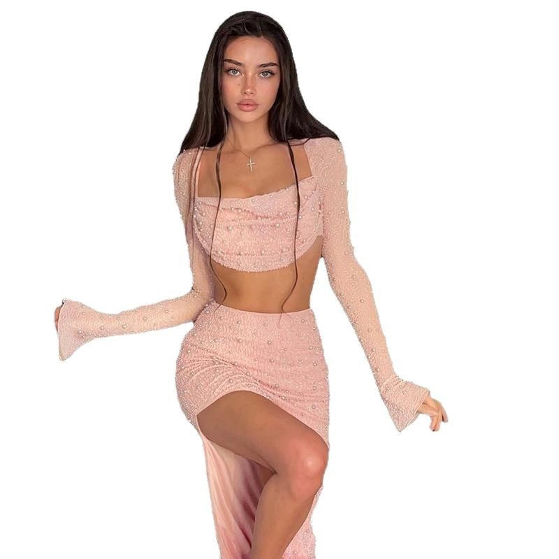 Damen Elegantes Crop-Top mit langen, transparenten Ärmeln und funkelnden Akzenten Drune