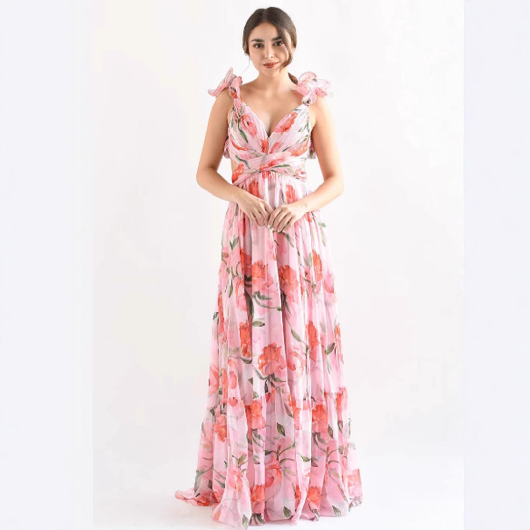 Damen Maxikleid mit blumiger Eleganz und verspielten Rüschendetails Drune