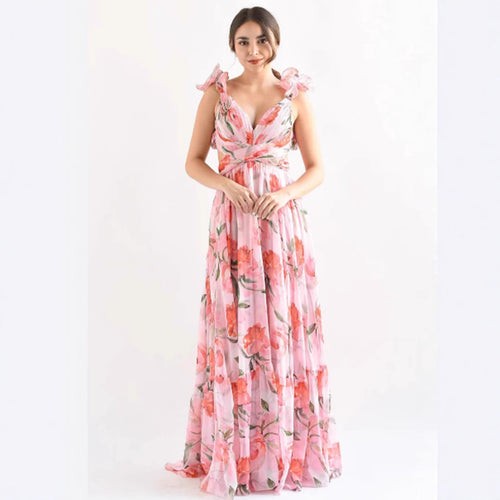 Damen Maxikleid mit blumiger Eleganz und verspielten Rüschendetails Drune